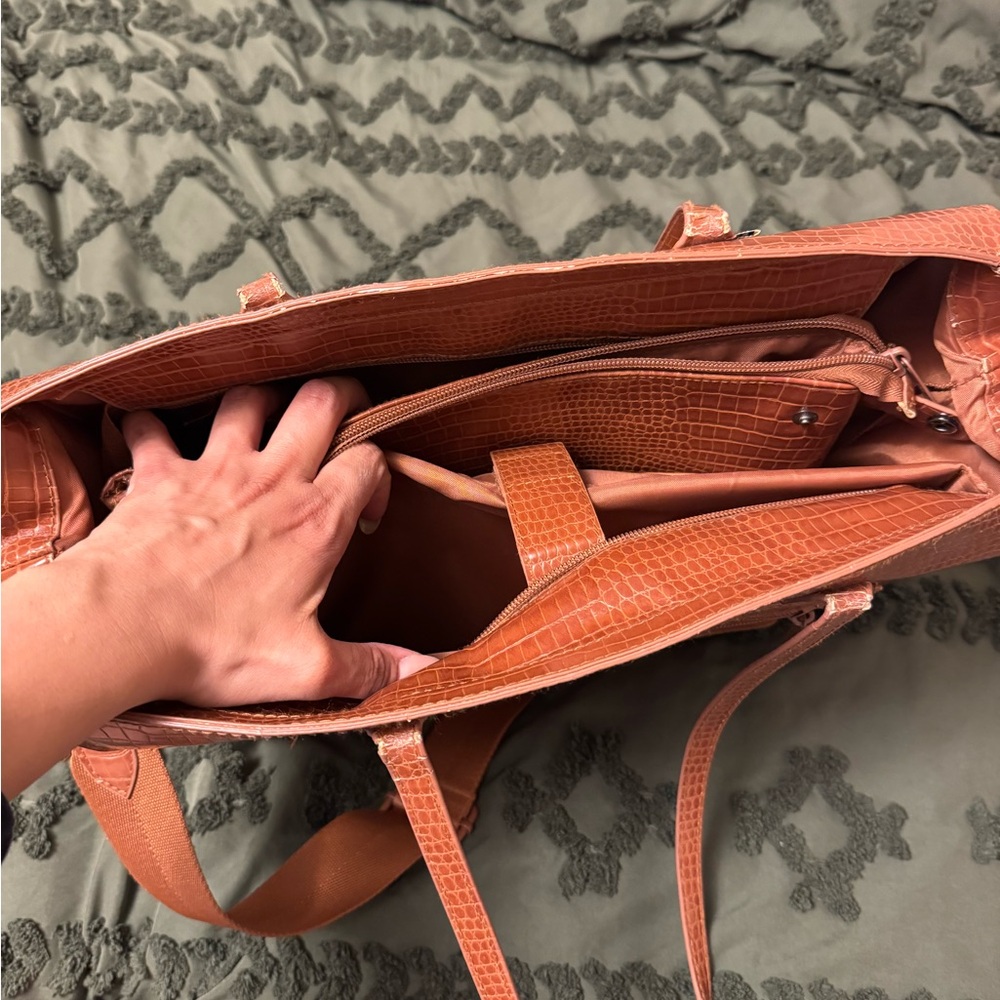 BEIS Croc-Embossed Laptop Tote in Cognac Brown